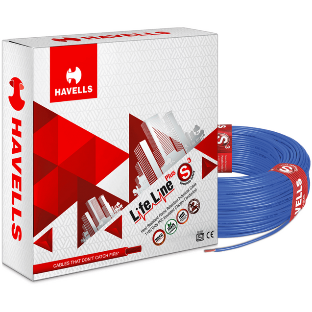 Havells 6 Sqmm Blue Life Line Plus Single Core HRFR PVC Insulated Flexible Cables, WHFFDNBA16X0, Length: 90 m