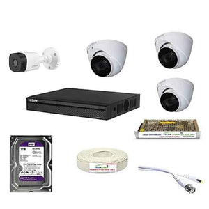 Dahua 3 Pcs 5MP Dome Security Camera, 5MP Bullet Camera, 4 Channel DVR, CCTV Cable Roll, 12 Pcs BNC Connectors, 6 Pcs DC Connectors, 4 Channel Power Supply & 1TB Surveillance Hard Disc Kit