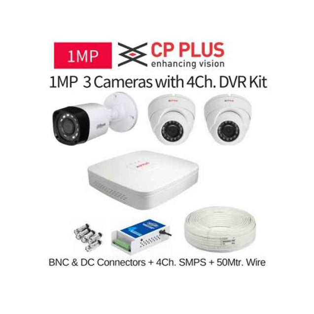 CP Plus 3 Cameras 1MP with 4 Channel DVR Combo Kit