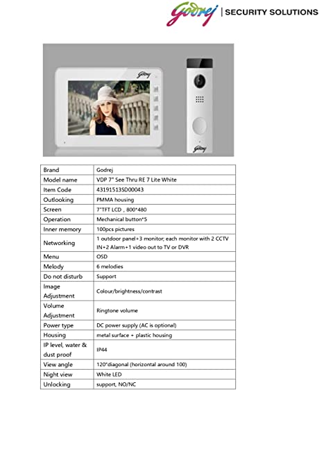 Godrej Security Solution seethru VDP RE7 Lite White Video Door Phone