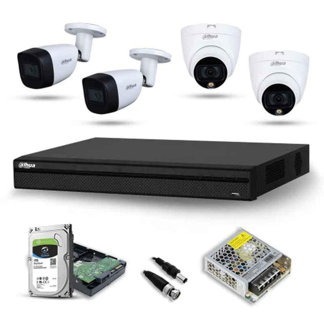 Dahua 2MP 2 Pcs Dome Camera, 2 Pcs Bullet Camera, 4 Channel DVR & 1TB Surveillance HDD Night Vision HD CCTV Security Camera Kit with Installation