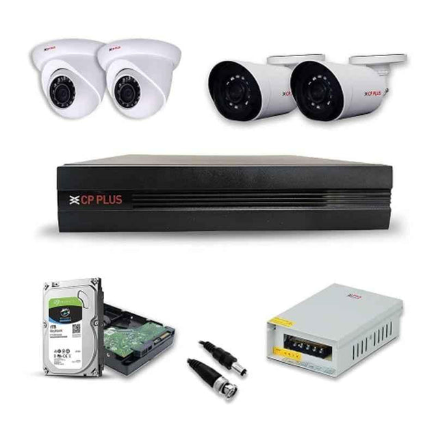 CP Plus 2.4MP 2 Pcs Dome Camera, 2 Pcs Bullet Camera, 4 Channel DVR & 1TB HDD Surveillance CCTV Security Camera Kit.