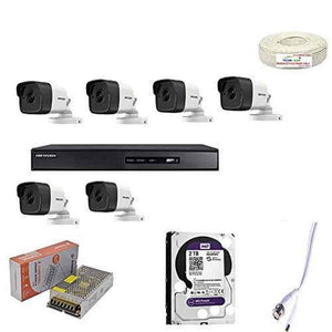 Hikvision 5 MP 6 Pcs Bullet Camera with 25m EXIR Built-in Mic, 8 CH DVR & 2 TB HDD with 90 m Cable Roll, 8 CH Neotech Power Supply & BNC & DC Full Combo Kit