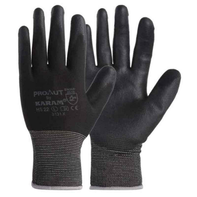 Karam Prokut Large Black Safety Gloves with PU Coating & White Liner, HS-22